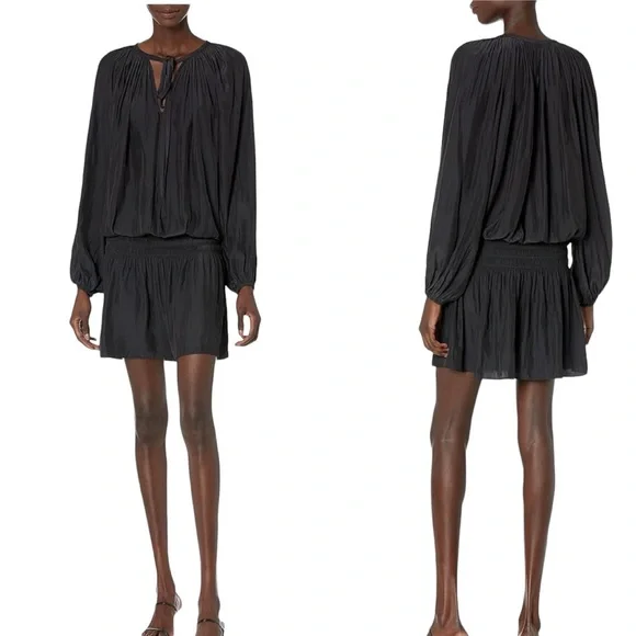 Ramy Brook Rosey Blouson Smocked Mini Dress Black Long Sleeve Tie Neck Size S - Picture 16 of 16